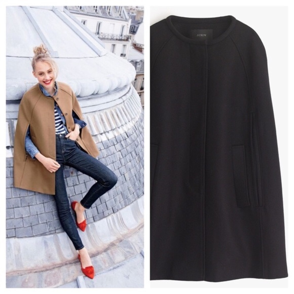 NWOT J Crew M L Black Melton Wool Cape Jacket